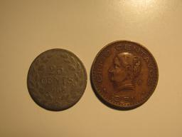 Foreign Coins:  1968 Liberia 25 Cents & Mexico 1951 5 Centavos