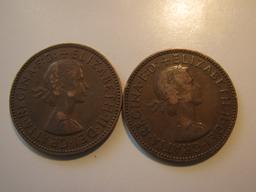 Foreign Coins: 1958 & 1959 Great Britain 1/2 Pennies