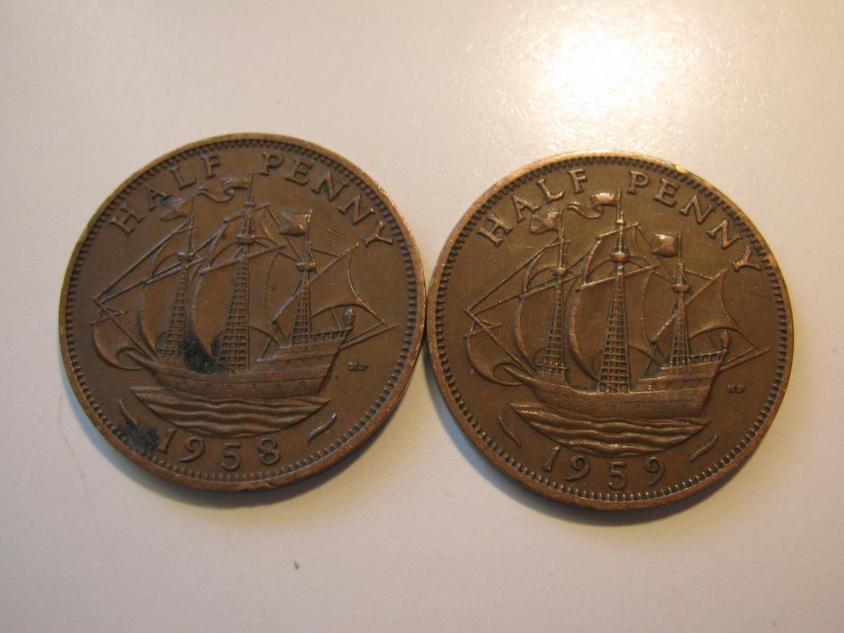 Foreign Coins: 1958 & 1959 Great Britain 1/2 Pennies