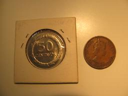 Foreign Coins: 1968 Colombia 50 Centavos & 1960 Nritish Carib. 1 Cents