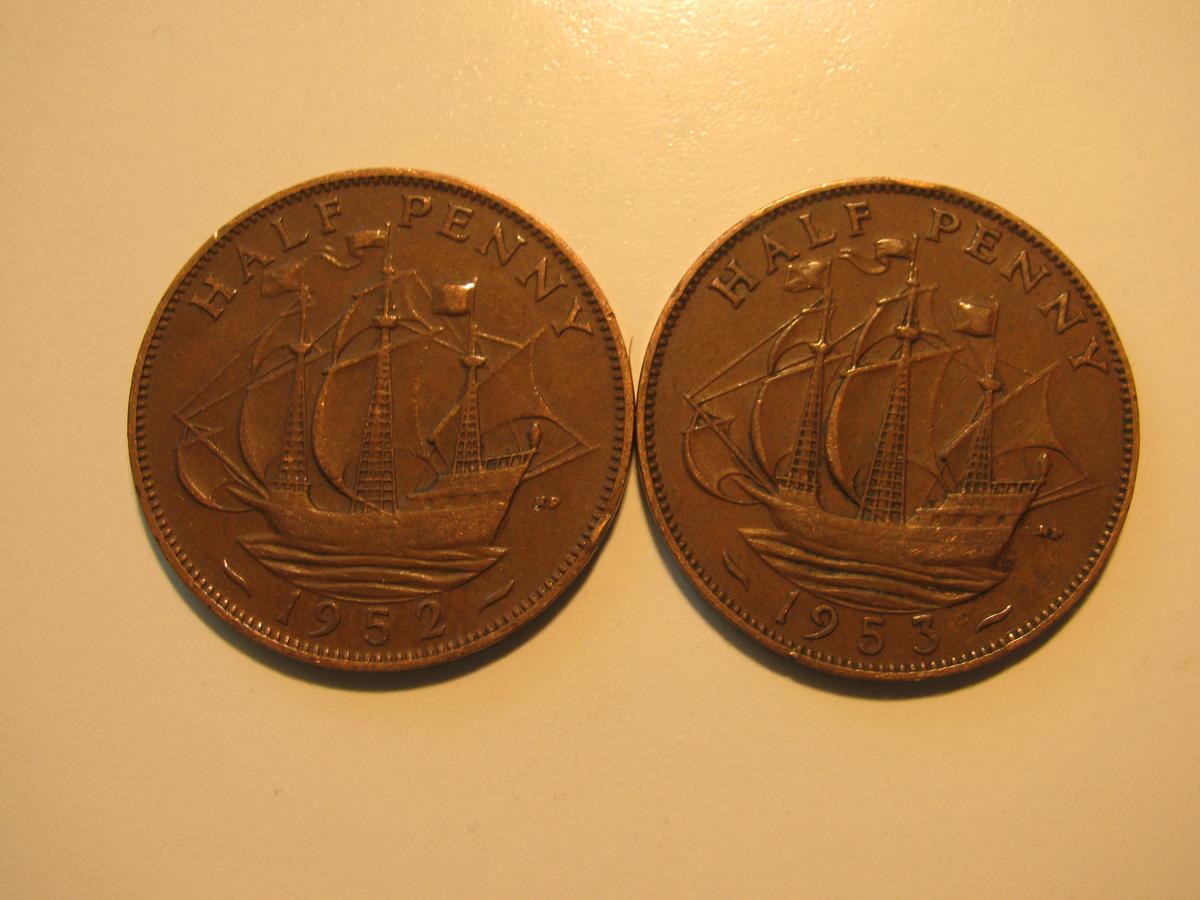 Foreign Coins: 1952 & 1953 Great Britain 1/2 Pennies
