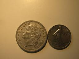 Foreign Coins:  1946 France 5 Francs & 1969 1 Franc