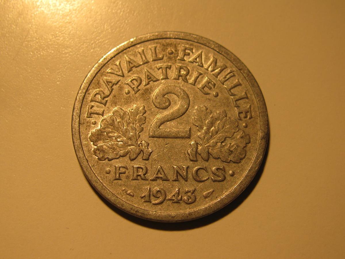 Foreign Coins:  WWII 1943 France 2 Francs