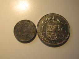 Foreign Coins: Netherlands WWII 1942 1 Cent & 1972 1 Gulden