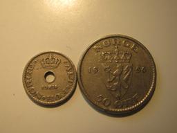 Foreign Coins: Norway 1924 10 & 1956 50 Ores