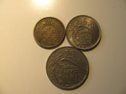 Foreign Coins:  Spain WWII 1944 1 Peseta, 1957 5 & 25 Ptas