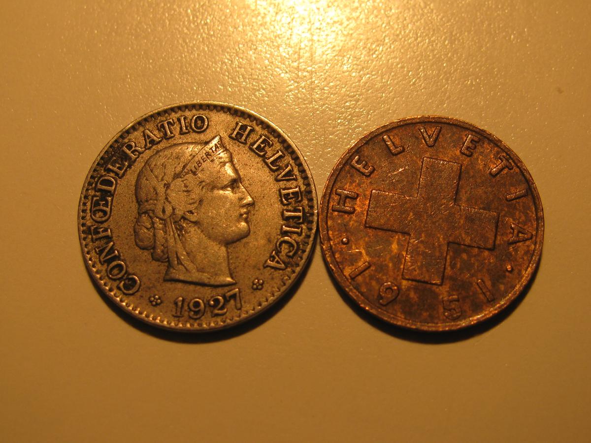 Foreign Coins: 1927 Switzerland 5 & 1951 1 Rappens