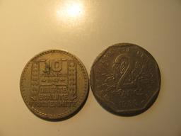 Foreign Coins: 1947 France 10 & 1980 2 Francs