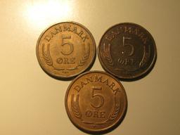 Foreign Coins:  Denmark 1964, 66 & 69 5 Ores