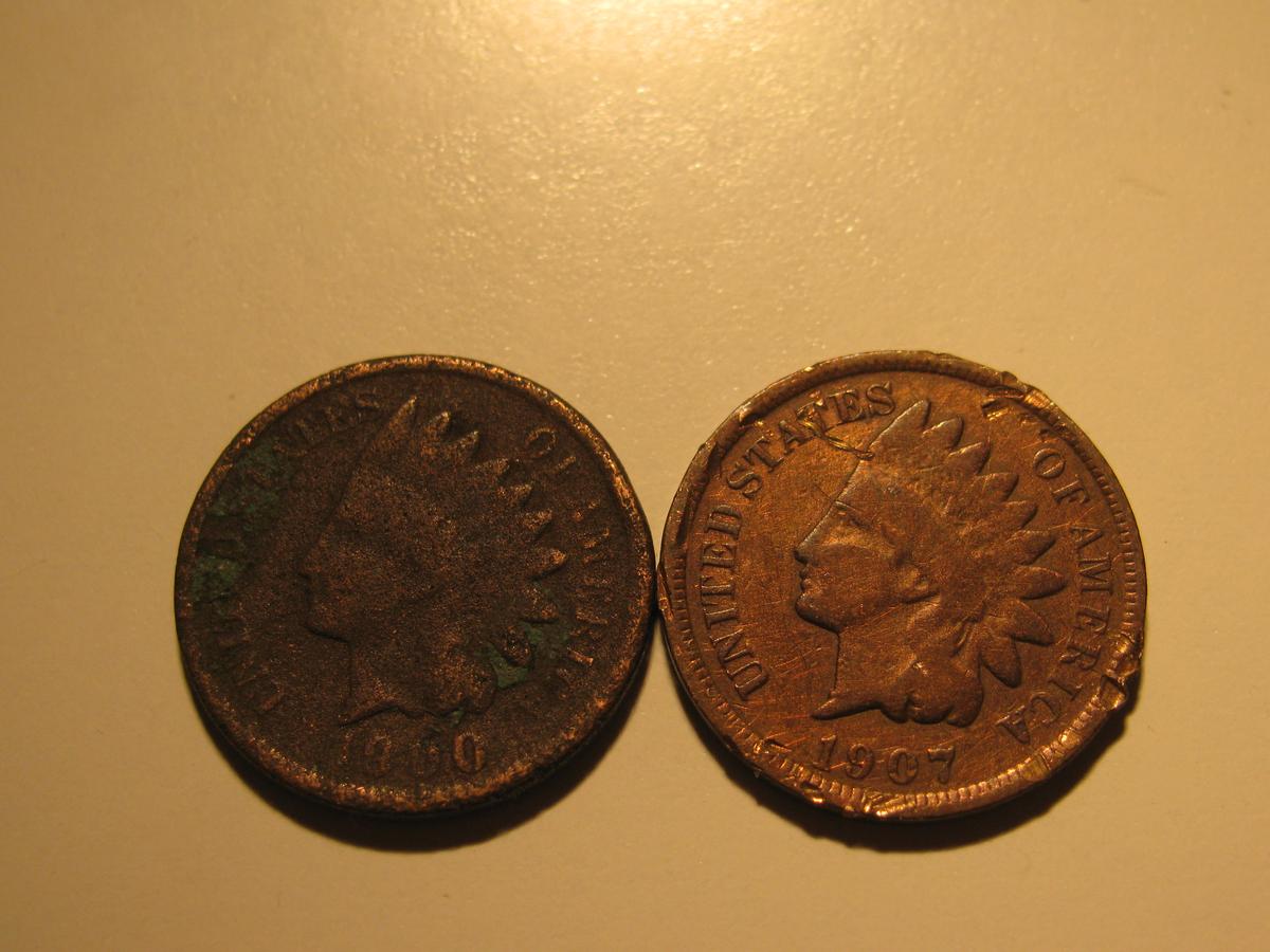 US Coins: 1900 & 1907 cull Indian Head pennies