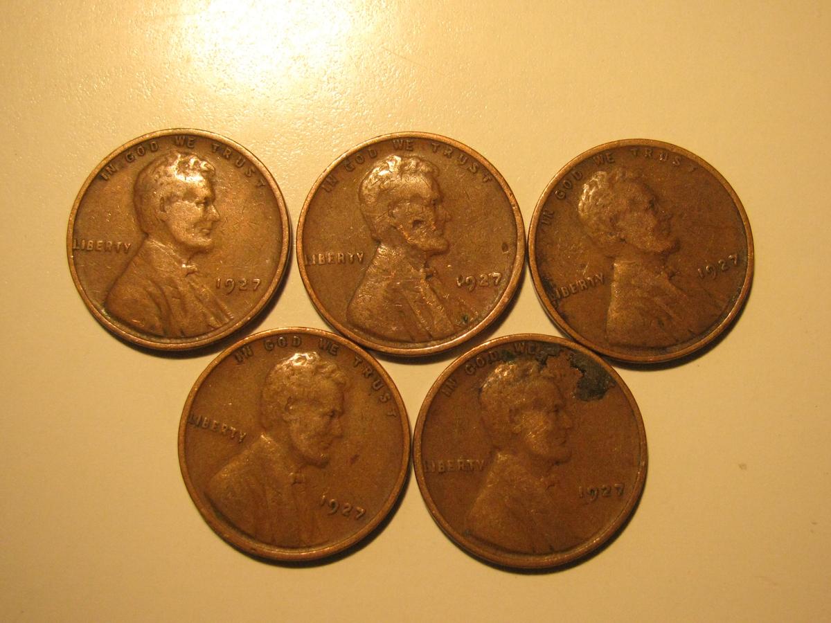 US Coins: 5x1927 Wheat Pennies