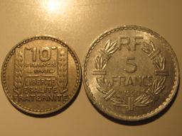 Foreign Coins: France 1948 10 & 1950 5 Francs