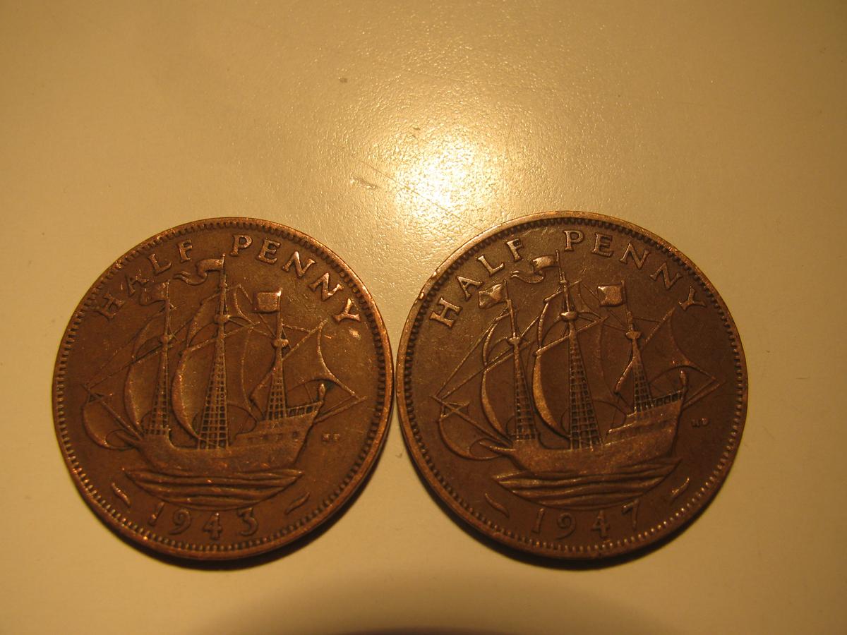 Foreign Coins: 1943(WWII) & 1947 Great Britain 1/2 Pennies