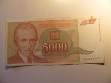 Foreign Currency: 1993 Yugoslavia 5,000 Dinara