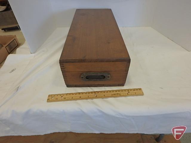 Enterprise set of sad irons in wooden box with dovetailed corners