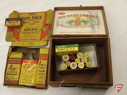 Big Baby Corona wood cigar box, with scribbling on cover, with assorted ammunition, and