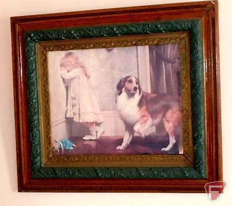 Vintage old frame with pouting girl standing in corner with dog, frame has some detail missing