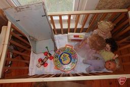 Childrens items, toys, highchair, small crib, ironing board and electric iron, all