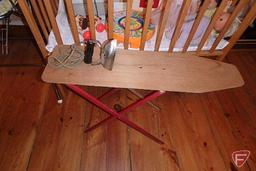 Childrens items, toys, highchair, small crib, ironing board and electric iron, all