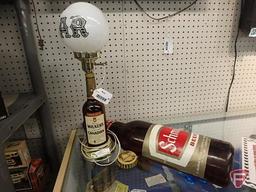 Walkers Special Canadian Whisky bottle electric lamp and plastic Schmidt Beer bottle, 24 in., works
