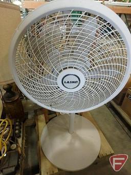 Lasko 21in circular fan, end tables (2), lamps (3), stereo reciever
