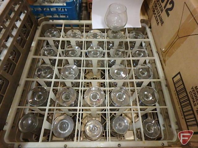 Bar glasses and (2) partial boxes of plastic butter knives, silver and white