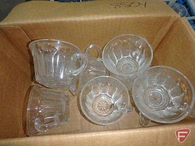 Bar glasses and (2) partial boxes of plastic butter knives, silver and white