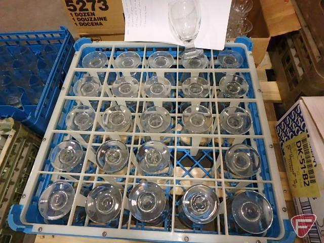 Bar glasses and (2) partial boxes of plastic butter knives, silver and white