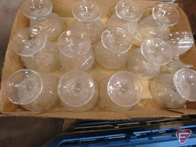 Bar glasses and (2) partial boxes of plastic butter knives, silver and white