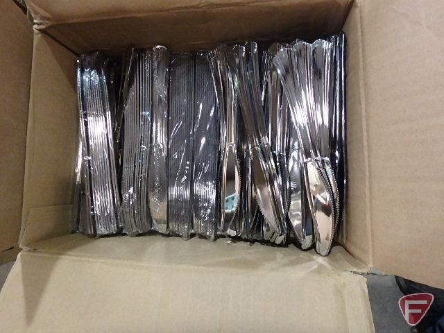 Bar glasses and (2) partial boxes of plastic butter knives, silver and white