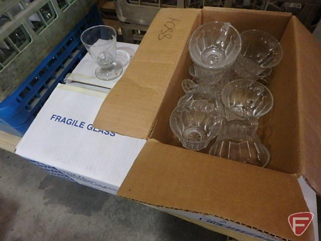 Bar glasses and (2) partial boxes of plastic butter knives, silver and white