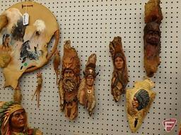 Native American wall decoration, deerskin, carved faces, and painted skin, All 7 pieces