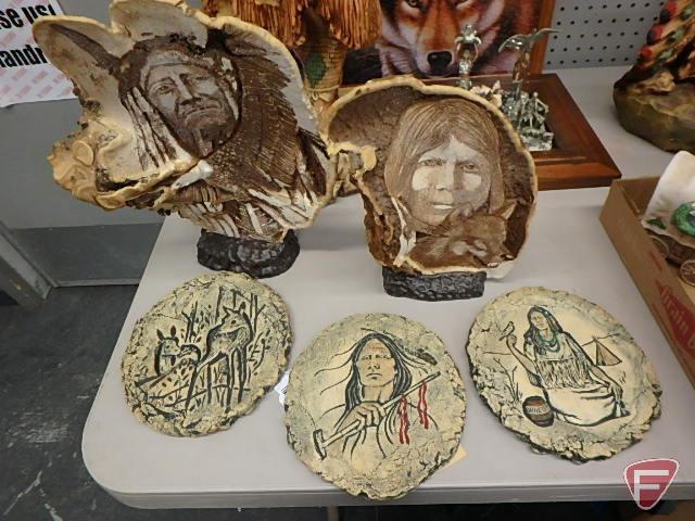 (3) Shapes of Clay wall decoration made from Mt St Helen ash, (2) carved table-top items,