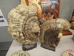 (3) Shapes of Clay wall decoration made from Mt St Helen ash, (2) carved table-top items,