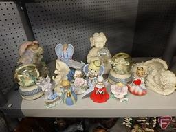Angel themed items, figurines, musical globes, 14 items and (2) metal angels tallest is 26inH, All