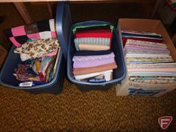 Fabric pieces and quilting pieces, 2 totes with covers and 1 box