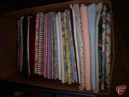 Fabric pieces and quilting pieces, 2 totes with covers and 1 box