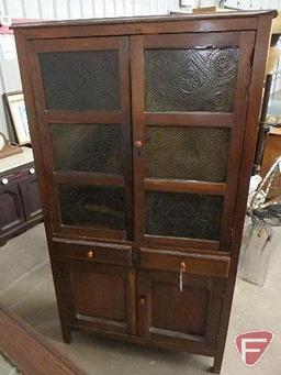 Wood storage cabinet with tin inserts, 2 drawer, 4 door, front doors need to be re-installed