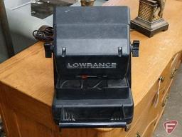 Fishing supplies, wood rod holder, nets, buoys, gas can, fillet board, Lowrance fish locator,