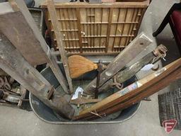 Vintage wood pieces, plane, seeder, Hamilton Mfg tray, tree tap and more in metal tub, All