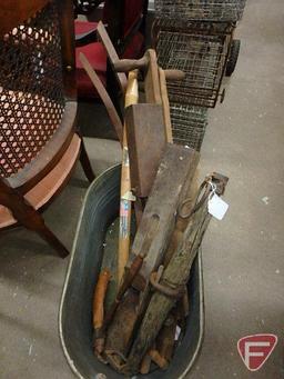 Vintage wood pieces, plane, seeder, Hamilton Mfg tray, tree tap and more in metal tub, All