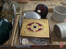 Silver dresser set and trinket box, wood jewelry box with necklaces, bracelet and barrette,
