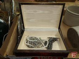 Silver dresser set and trinket box, wood jewelry box with necklaces, bracelet and barrette,