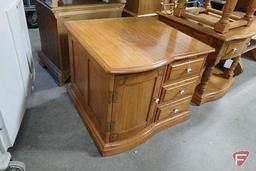 Wood side/end storage table, 3 drawers 1 door, 27inX27in, some water damage on top, and