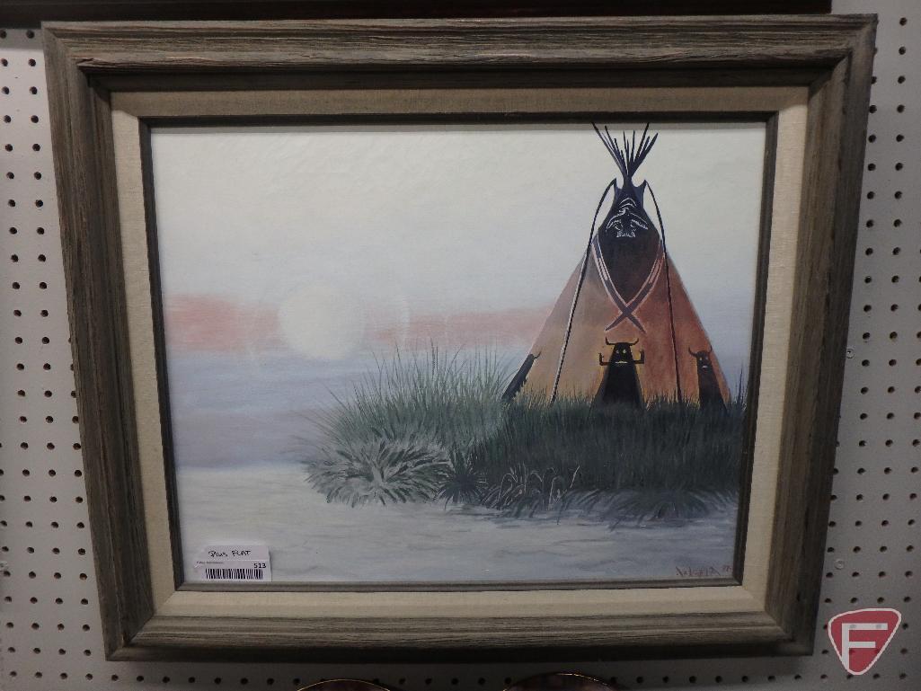 Angela tepee painting 22 x 26, assorted Native American Lee Bogle plates, figurines