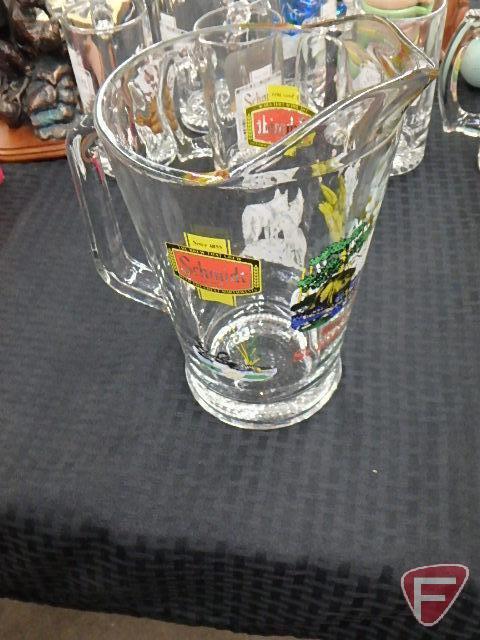 Schmidt beer advertising glass pitcher and (6) mugs