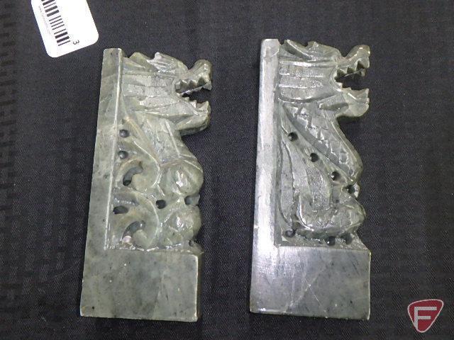 Set of carved green stone bookends