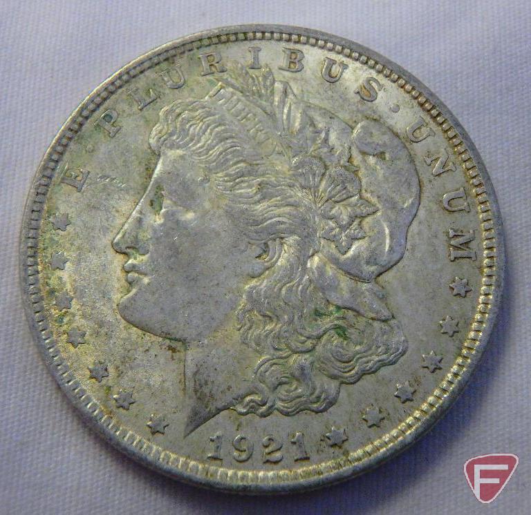 (3) 1921 Morgan silver dollars, XF to AU