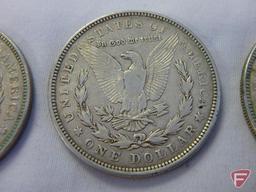 (3) 1921 D Morgan silver dollars, VF to XF