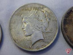 (4) 1922 Peace silver dollars, avg. circulated condition